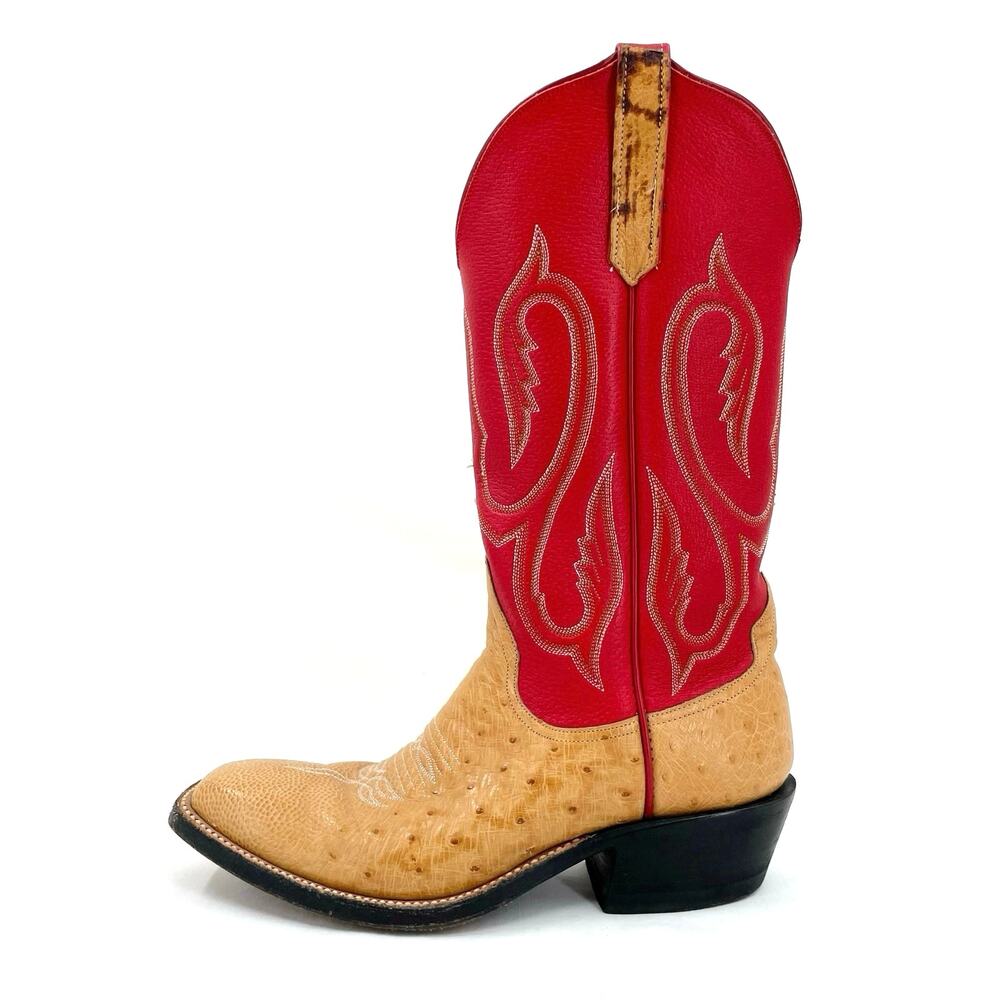 Rios of Mercedes Red Western Ostrich Orange Leather Square Toe Cowboy Boots 7B - Picture 2 of 16